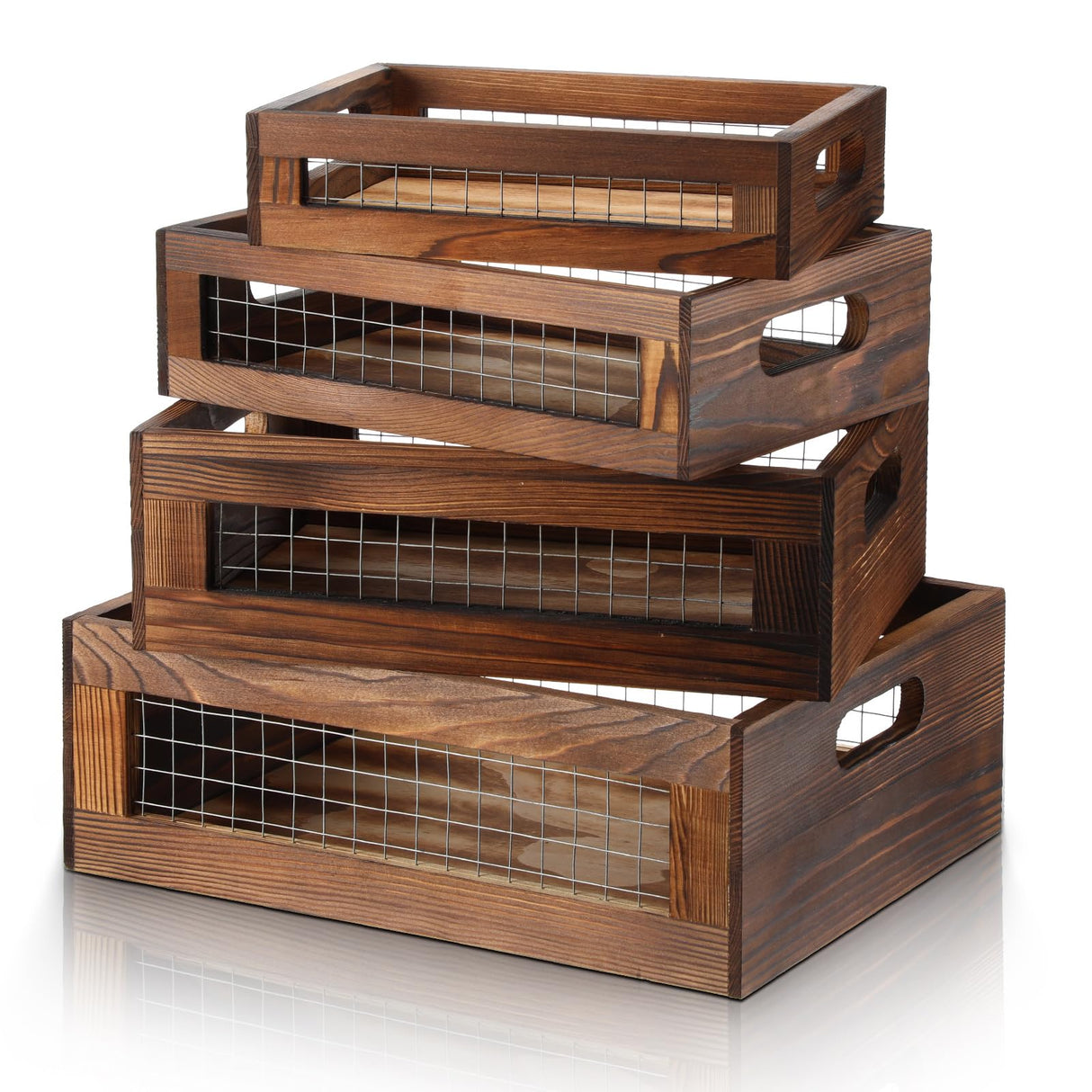 FillTouch 4 Pcs Wooden Nesting Countertop Baskets Set 4 Size Wooden Storage Box with Handles and Metal Wire Multipurpose Wood Organizer Crate for Fruit Vegetable Kitchen Cabinet Bathroom(Walnut) FillTouch