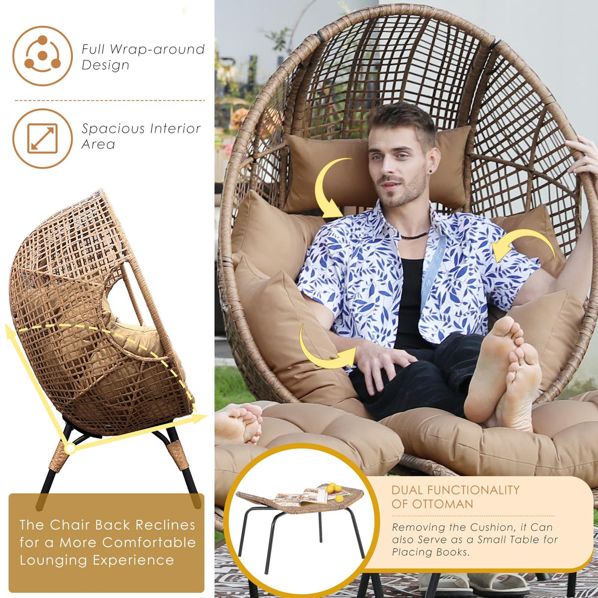 NICESOUL Indoor Outdoor Stationary Wicker Egg Chair w/Footrest, Extra Large Egg-Seat w/Cushion, 440lbs Egg-Shape Lounge Chair with Legs, Cozy Boho Rattan Chair for Patio, Balcony, Sunroom, Brown NICESOUL