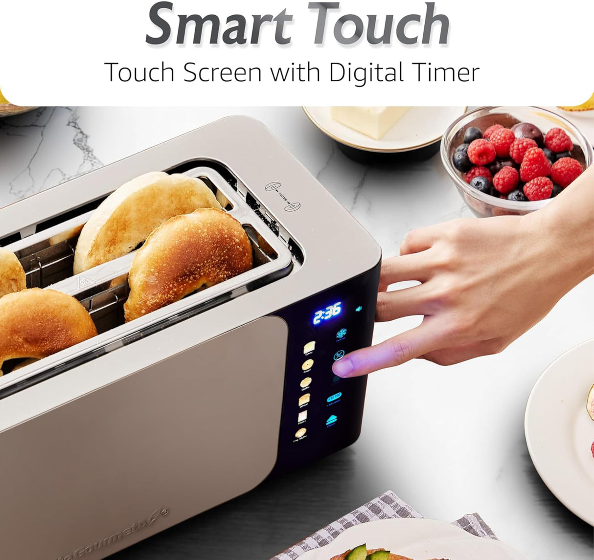 Elite Gourmet ECT5924D SmartToast Digital Long Slot 4 Slice Toaster, 1.5” Wide Slots for Thick Breads & Bagel Function, LED Touch Screen, Countdown Timer, 6 Shades, Stainless Steel Elite Gourmet