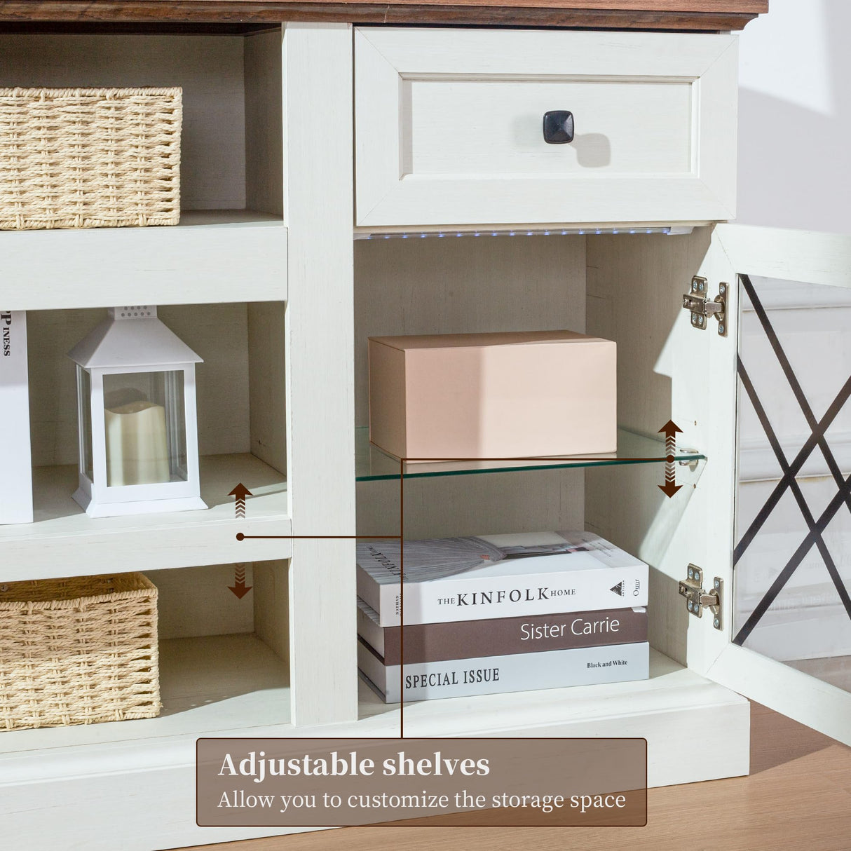 ENOUSHU 70 inch Farmhouse TV Stand Table for 75 80 inch TV, Modern Entertainment Center with LED Lights and Glass Doors, Wooden White tv Stands for Living Room ENOUSHU