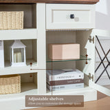 ENOUSHU 70 inch Farmhouse TV Stand Table for 75 80 inch TV, Modern Entertainment Center with LED Lights and Glass Doors, Wooden White tv Stands for Living Room ENOUSHU