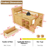 Low Loft Bed with LED Lights and Bookshelf, Wooden Kids Loft Bed with Stairs and Safety Guardrail, Low Loft Bed Twin with 2 Storage Drawers and Shelves for Girls Boys,No Box Spring Needed, Natural Mirightone