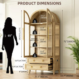 Vlsrka 71" Arched Curio Cabinet with Glass Doors, 4-Shelves Display Cabinet and 2 Drawers, Display Case with 3 Color Lights, Tall Bookcase, Kitchen Pantry, Wood Color Vlsrka