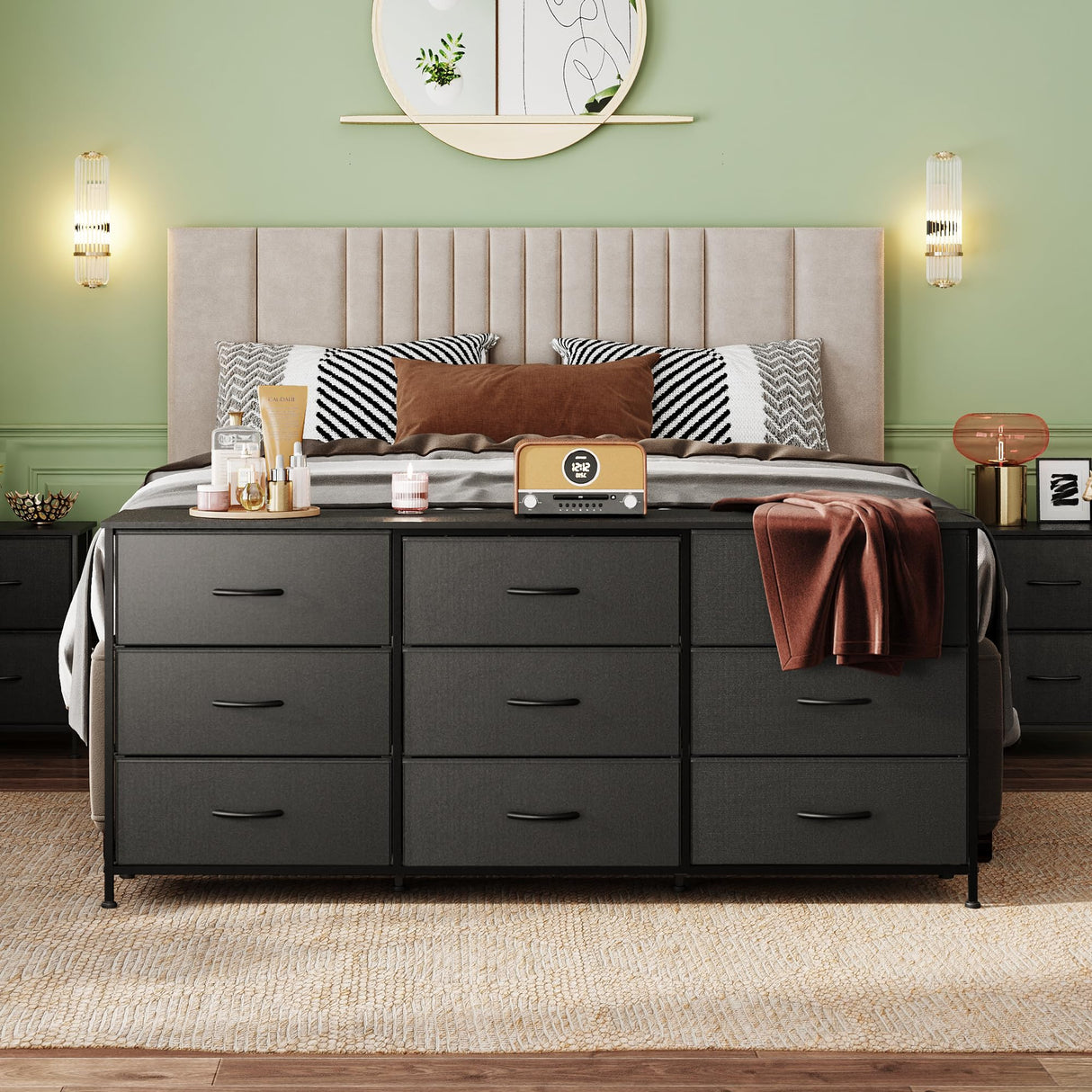 WLIVE 63''W Dresser for Bedroom, Black Dresser TV Stand for 65, 70, 75 inch TV, Wide Chest of Drawers with 9 Drawer, Large Entertainment Center, Fabric Dressers with Wood Top for Closet, Living Room WLIVE