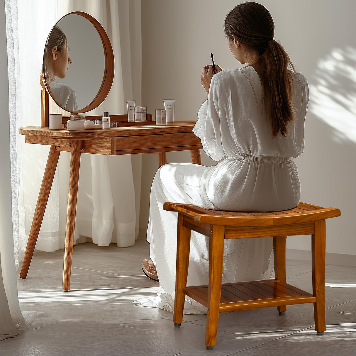 TEAKMAMA Teak Shower Bench with Handles 20" Waterproof Bathing Teak Wood Bench Shower Stool with Storage Towel Shelf Bath Stool for Indoor Use Easy Assembly TEAKMAMA