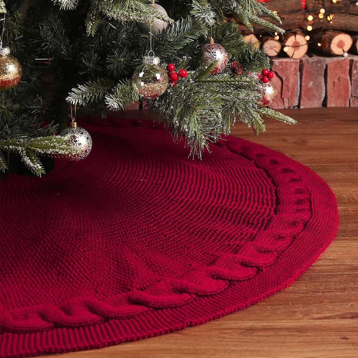 48 Inch Dark Red Knitted Christmas Maroon Tree Skirt， Large Xmas Tree Skirts Round Base Skirt for Christmas Tree Decorations， for 6-8FT Tree Christmas Treer Burgundy Tree Skirt Rug Decorations Generic