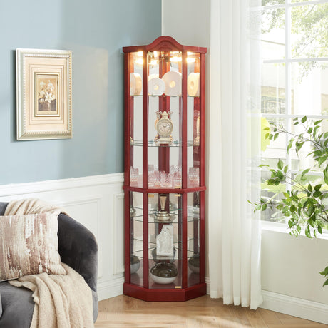 Lighted Corner Display Curio Cabinet Wooden Shelving Unit with Tempered Glass Door, Bar and Liquor Storage Area with 5 Shelves, Wine Cabinet with Curved Top Carving, Cherry CQSXDA