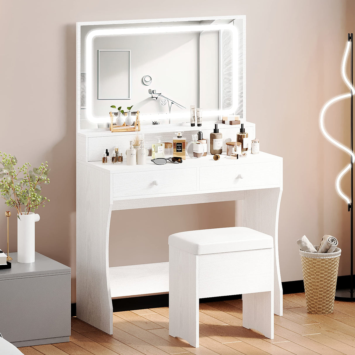 IRONCK Vanity Desk Set with LED Lighted Mirror & Power Outlet, Makeup Vanity Table with 4 Drawers,Storage Bench,for Bedroom, Bathroom, White IRONCK