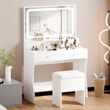 IRONCK Vanity Desk Set with LED Lighted Mirror & Power Outlet, Makeup Vanity Table with 4 Drawers,Storage Bench,for Bedroom, Bathroom, White IRONCK