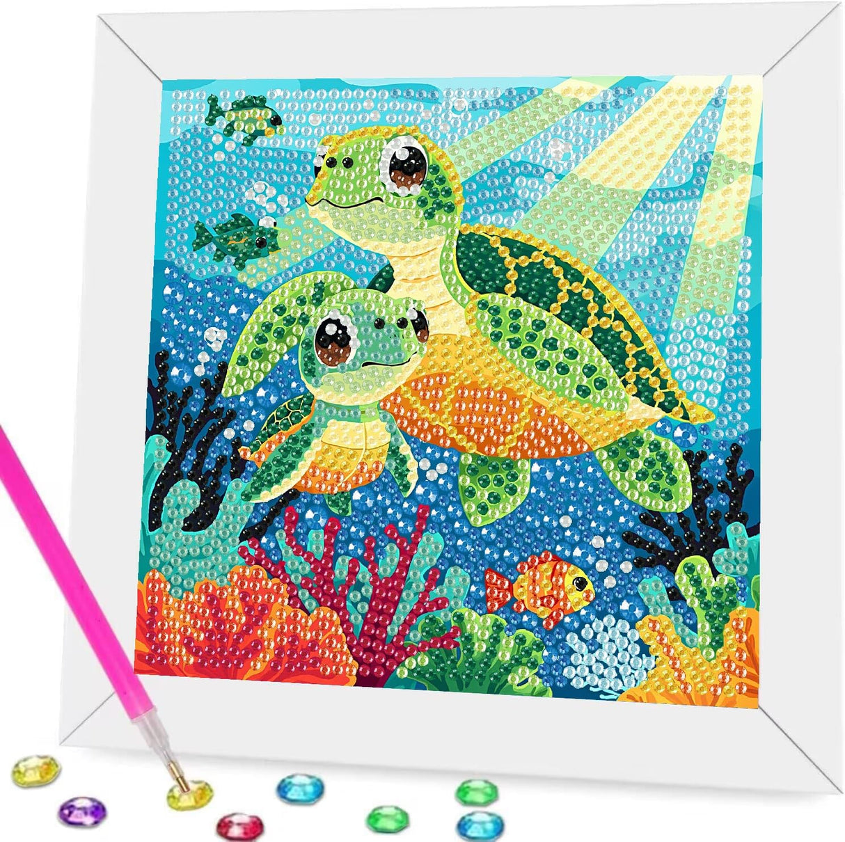 Ammklfh Sea Turtle Diamond Art Painting Kits for Kids with Wooden Frame - Big Gem Art for Girls Gifts,Diamond Dots for Kids Ages 6-8-10-12,Diamond Painting by Number Crafts Kits(7X7 inch) Ammklfh