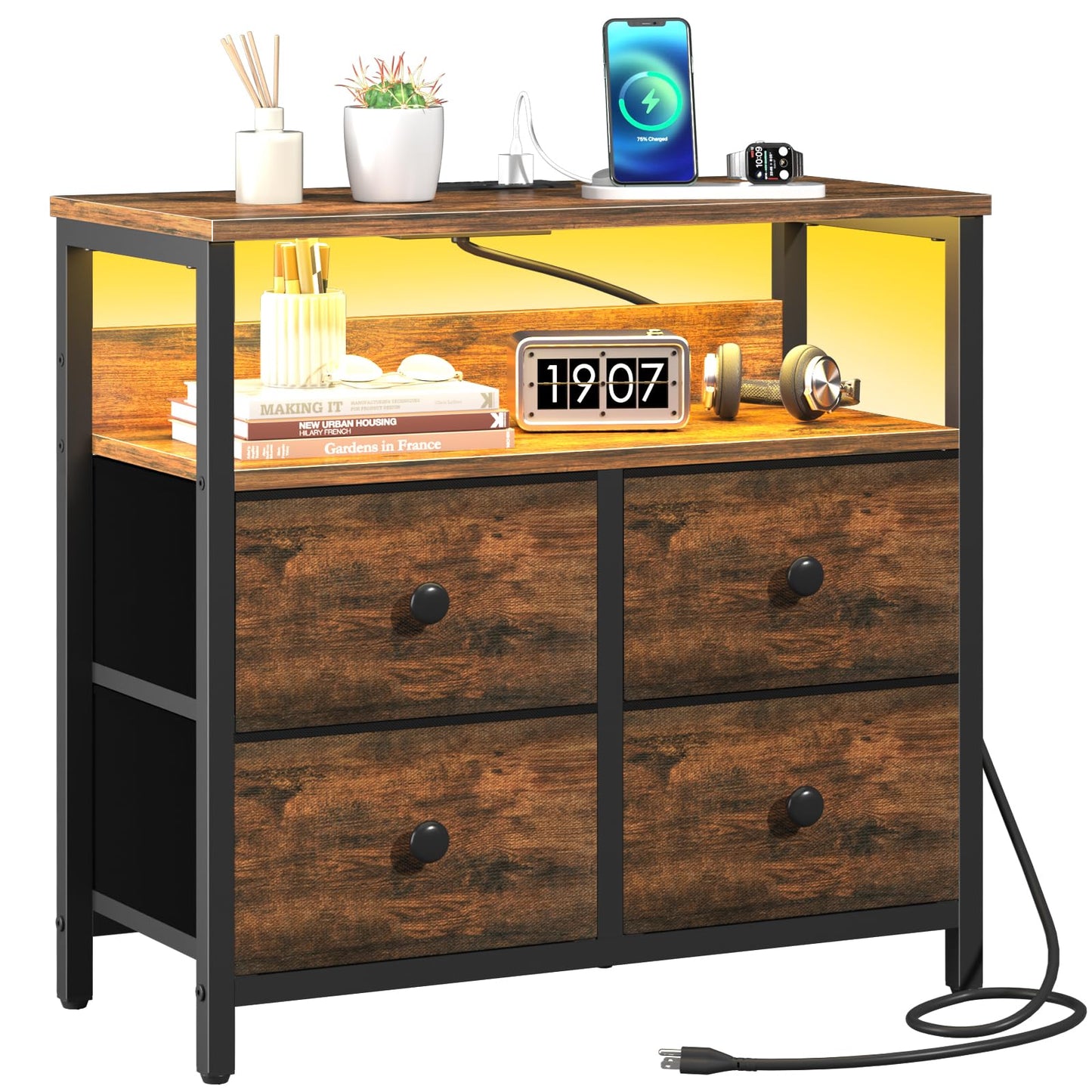 Yoobure Night Stand with Charge Station, Nightstand with 4 Drawers Bedside Table, LED Dresser with Storage Shelf, Night Stands for Bedroom, Side Table 3-Tier Wood End Table for Home Rustic Brown