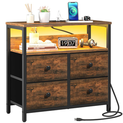 Yoobure Night Stand with Charge Station, Nightstand with 4 Drawers Bedside Table, LED Dresser with Storage Shelf, Night Stands for Bedroom, Side Table 3-Tier Wood End Table for Home Rustic Brown