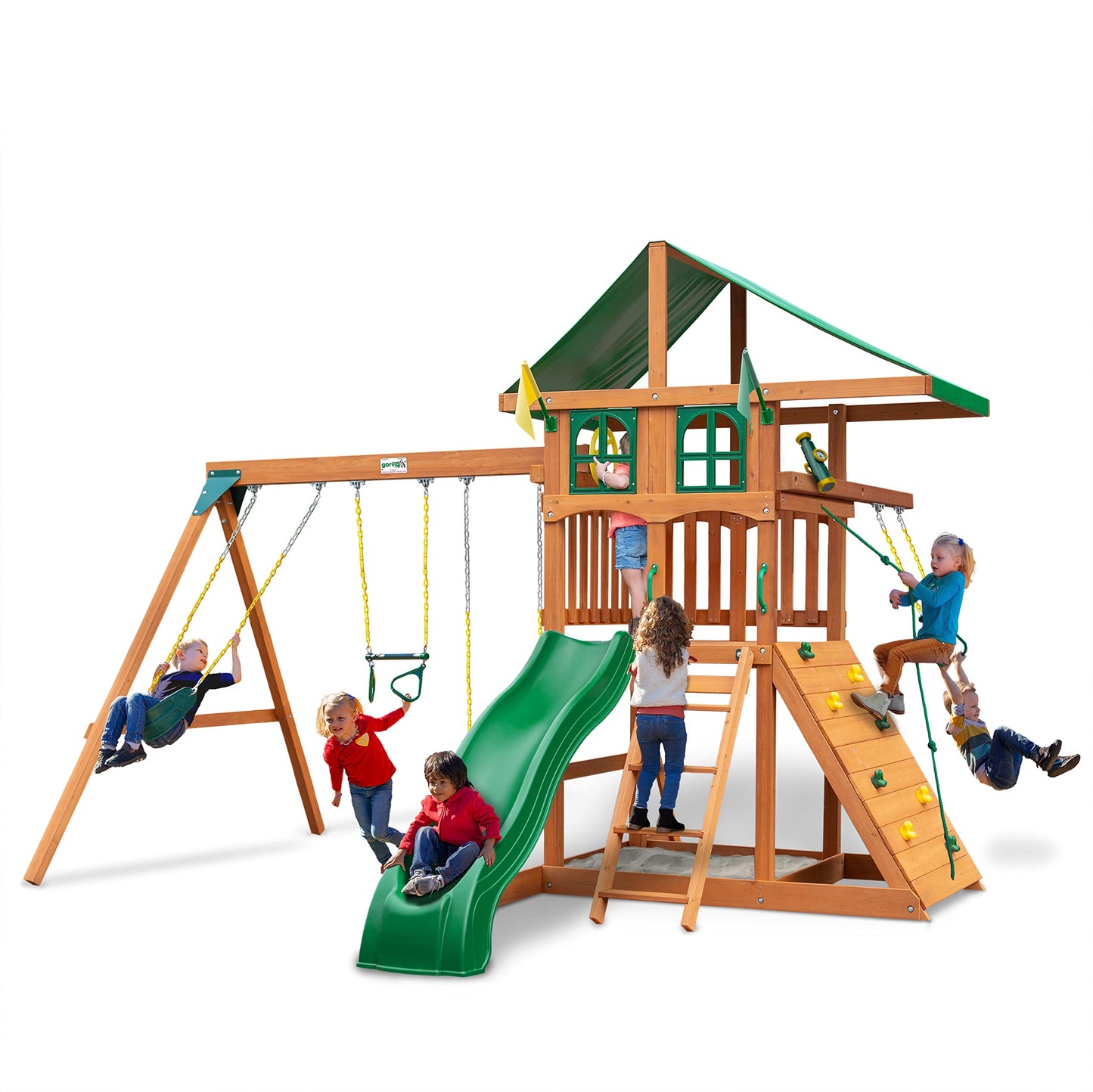 Gorilla Playsets 01-1080 Avalon Treehouse Wooden Swing Set with Oversized Green Vinyl Canopy Roof, Trapeze Arm, Climbing Wall, Ladder, Swings and Slide - WoodArtSupply