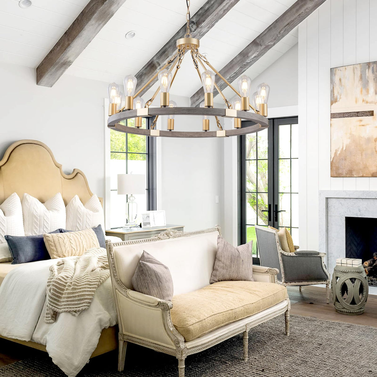 YongMing CL Farmhouse Wagon Wheel Chandelier 31" Gold Wooden Chandelier 12-Light Rustic Pendant Light Fixture for Dining Room Living Room Entryway Foyer YongMing CL