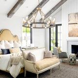 YongMing CL Farmhouse Wagon Wheel Chandelier 31" Gold Wooden Chandelier 12-Light Rustic Pendant Light Fixture for Dining Room Living Room Entryway Foyer YongMing CL