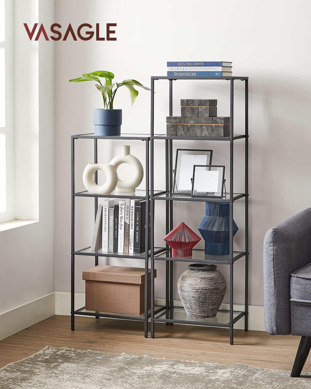 VASAGLE Bookcase, 5-Tier Bookshelf, Slim Shelving Unit for Bedroom, Bathroom, Home Office, Tempered Glass, Steel Frame, Ink Black ULGT029B61 VASAGLE