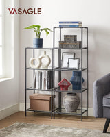 VASAGLE Bookcase, 5-Tier Bookshelf, Slim Shelving Unit for Bedroom, Bathroom, Home Office, Tempered Glass, Steel Frame, Ink Black ULGT029B61 VASAGLE