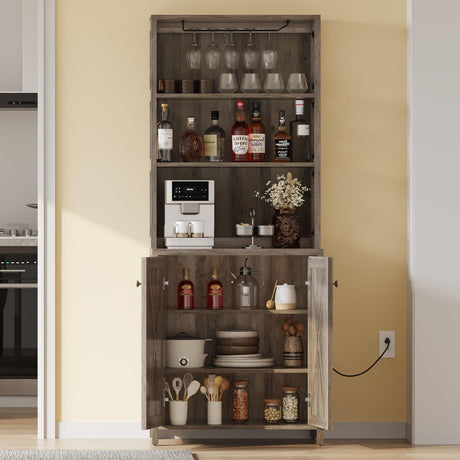 YITAHOME 67" Tall Bar Wine Cooler for Liquor and Glasses, Farmhouse Storage Cabinet w/Wine Rack, Open Storage Shelves, Buffet Kitchen Cabinet with Wooden Doors for Living Room, Living Room, Grey Wash YITAHOME