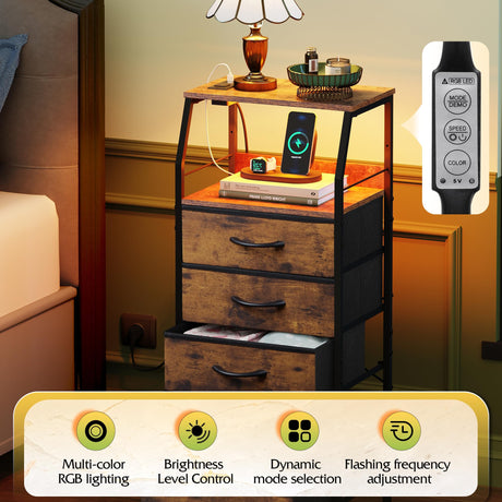 WLIVE 4 Drawer Dresser for Bedroom, Nightstand with Charging Station and Led Light, Tall Night Stand Bed Side Table, End Table with USB Ports and Outlets, Fabric Bins, Wood Shelf, Rustic Brown WLIVE