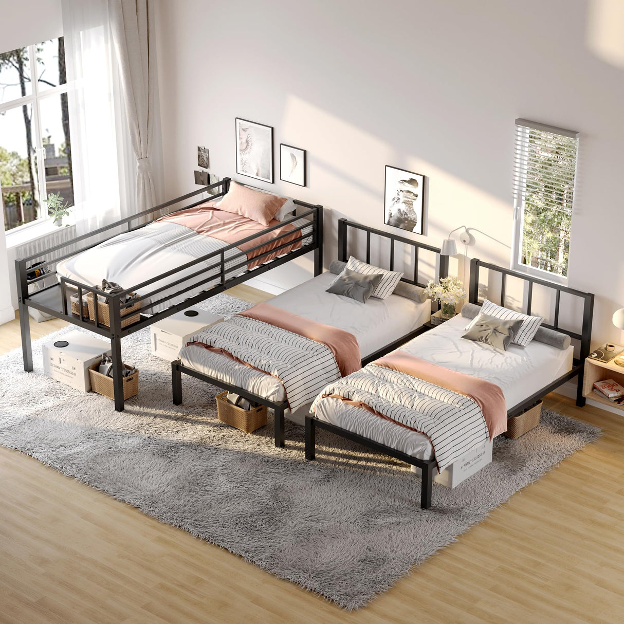 HKOLIE Twin Over Twin & Twin Bunk Beds for 3, Triple Bunk Bed for 3 with Guardrails, Ladder & Upper-Bed Platform, for Children, Teens, Adults, No Box Spring Needed (Triple Bunk Bed) HKOLIE