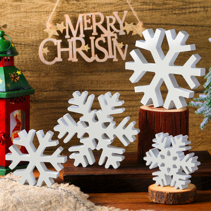 4 Pieces Winter Wooden Snowflakes Decor Christmas Snowflake Signs Tabletop Decorations Winter Wooden Xmas Standing Table Sign Christmas Fireplace Decoration for Winter Christmas Party (White)