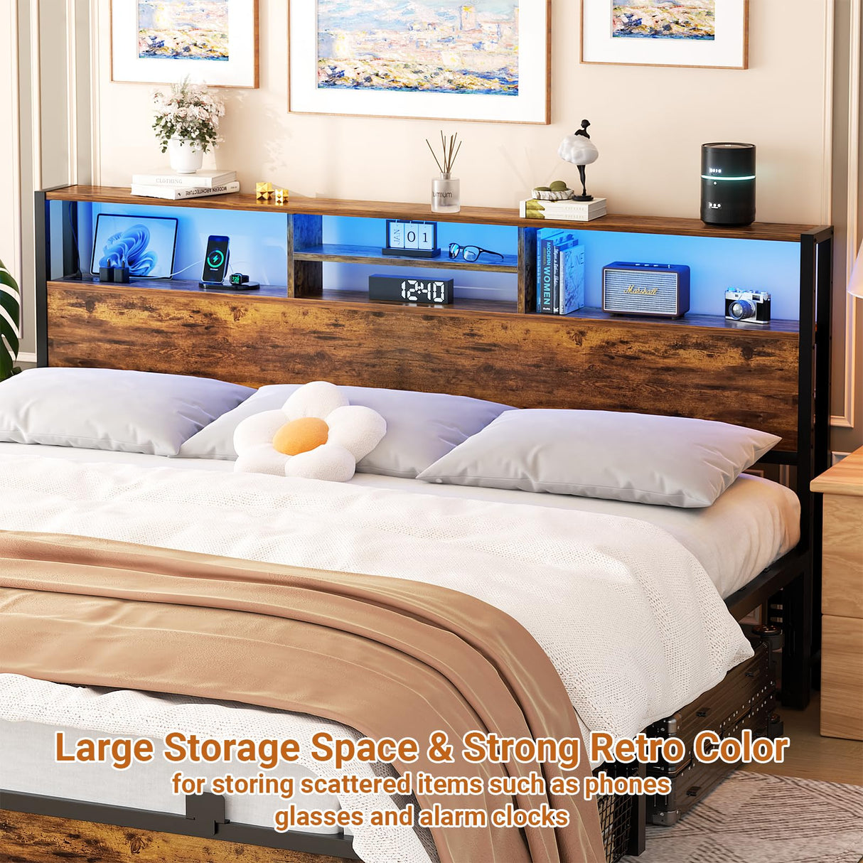 Aheaplus Rustic Brown King Size Headboard with Storage, USB Ports, LED Light and Adjustable Design Aheaplus