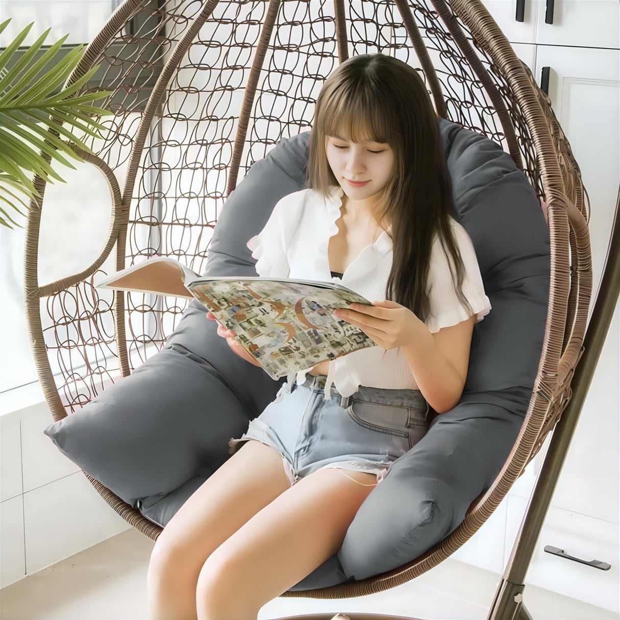 Tycdiose Egg Chair Cushion Replacement, Waterproof Outdoor Hanging Egg Swing Chair Cushions Pads, U-Shaped Thickened Cushions for Hanging Eggs Chair with Ties, 47x33x7 Inches (Grey) Tycdiose