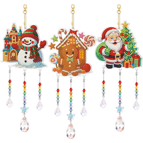 Jetec 3 Pcs Christmas Diamond Art Kits Painting Suncatcher Wind Chime Double Sided Crystal Hanging Ornaments for DIY Crafts Window Home Garden Decor(Snowman, Gingerbread Man, Santa) Jetec
