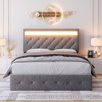 GarveeHome Full Size Upholstered Bed Frame with LED Lights and Charging Station - WoodArtSupply