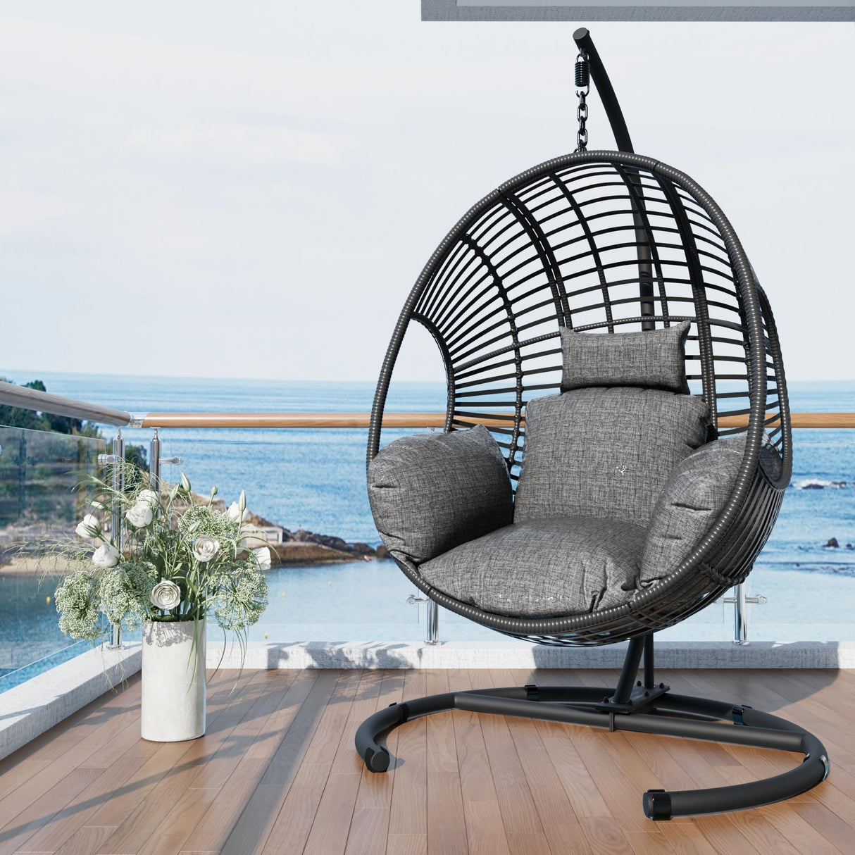 LUTINLIX Oversized Hanging Egg Chair Outdoor Indoor, Wicker Swing Egg Chair with Stand 400lbs Capacity for Bedroom, Patio, Garden and Balcony (Black-Regular, Oversize) LUTINLIX