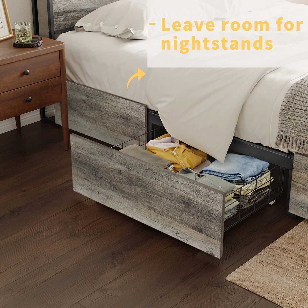 HAUSOURCE Queen Bed Frame with Storage Headboard and 4 Drawers LED Lights Metal Platform Non-Slip Without Noise Mattress Foundation Strong Metal Slats Support No Box Spring Needed,Greige HAUSOURCE