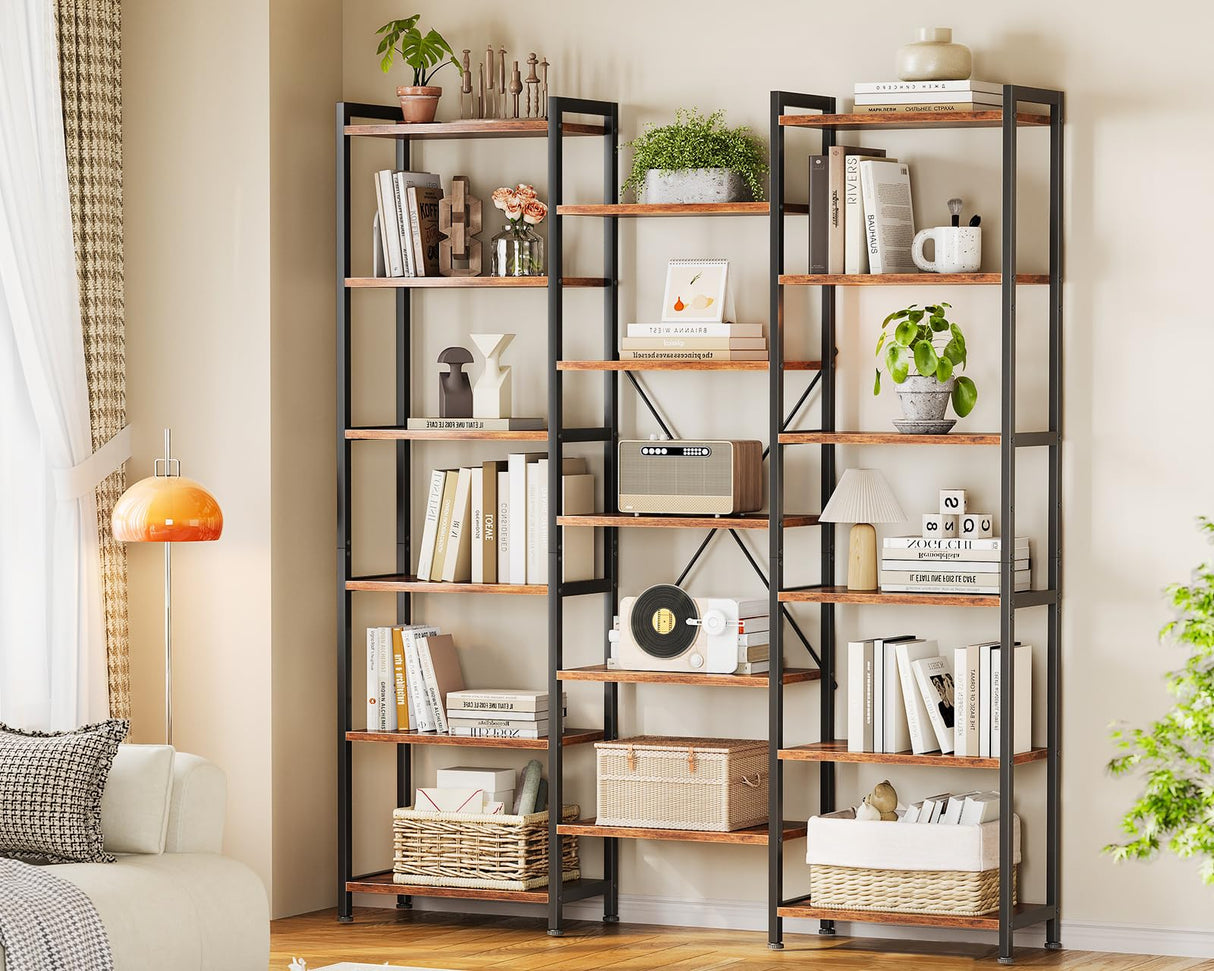 Casaottima Triple 6 Tier Bookshelf, Large Bookcase with 17 Open Display Shelves, Modern Industrial Book Shelves Book Case for Bedroom, Wide Standing Shelving Unit for Living Room Home Office, Vintage Casaottima