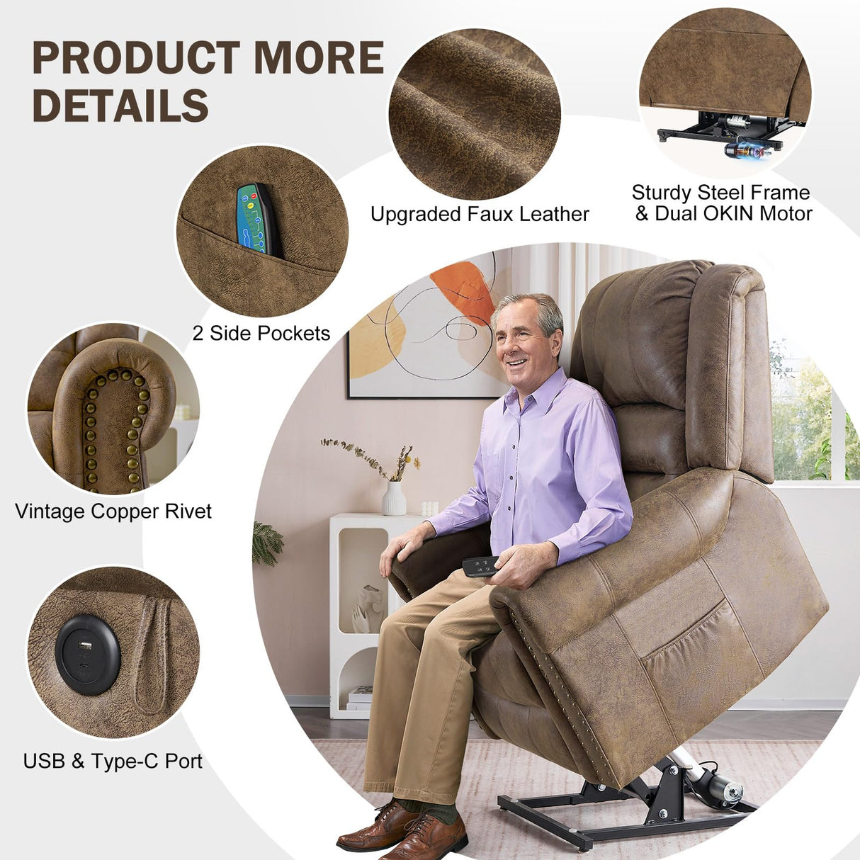 CDCASA Dual Motor Lay Flat Lift Chairs Recliners for Elderly w/Massage and Heat, Breathable Leather Infinite Position Large Sleeping Electric Power Lift Chair Recliner for Seniors, Matte Brown CDCASA