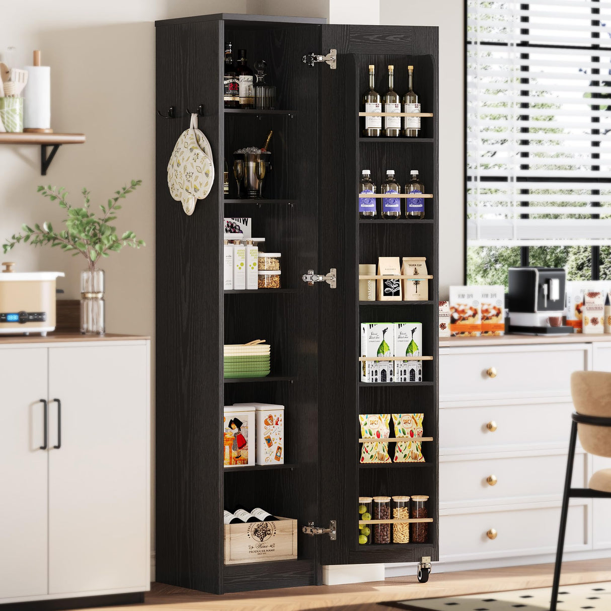 IRONCK Narrow Kitchen Pantry Storage Cabinet, 72" Slim Single Door with 6 Adjustable Shelves, Door Rack and Wheels, Space Saving Freestanding Storage Floor Cabinet for Small Place, Black IRONCK