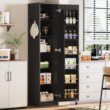IRONCK Narrow Kitchen Pantry Storage Cabinet, 72" Slim Single Door with 6 Adjustable Shelves, Door Rack and Wheels, Space Saving Freestanding Storage Floor Cabinet for Small Place, Black IRONCK