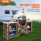 VEVOR Camping Kitchen Table, Folding Outdoor Cooking Table with Storage Carrying Bag, Aluminum Cook Station 3 Cupboard & Detachable Windscreen, Quick Set-up for Picnics, BBQ, RV Traveling, Brown VEVOR