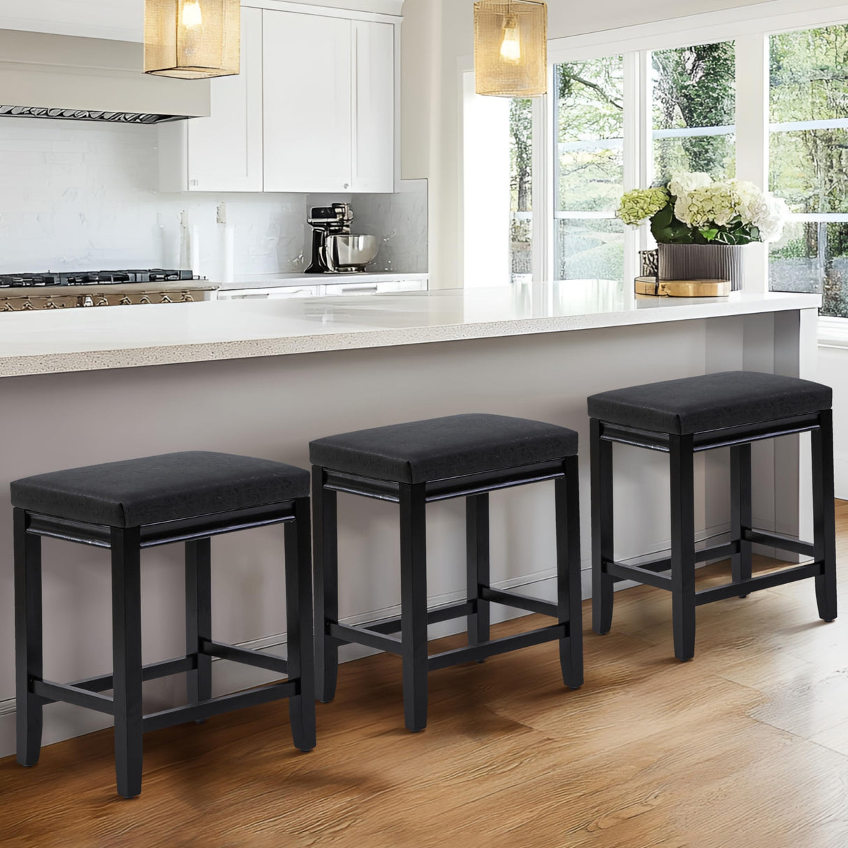 RNKSFX Counter Height Black Bar Stools Set of 3 for Kitchen Counter Farmhouse Modern Barstools with Faux Leather Upholstered Backless Seat and Solid Wood Legs 24 inch Bar Chairs RNKSFX