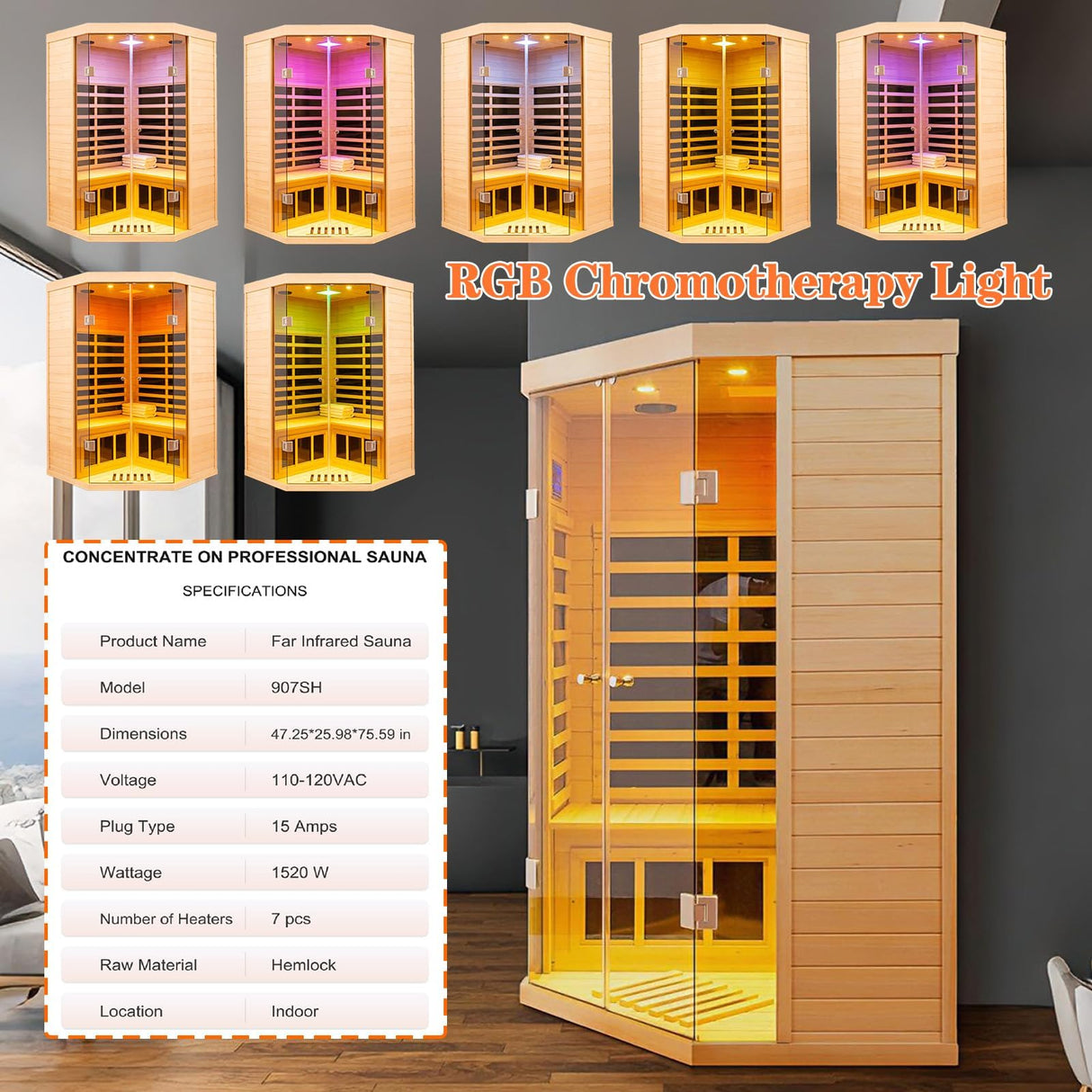 2-3 Person Ultra Low EMF(0-5mG) Far Infrared Sauna, 1520w Hemlock Indoor Sauna Room with APP Control, LCD Panel Control, Constant Temperature Cover, Chromotherapy Lamp, Reading Lamp, Bluetooth Speaker KUNSANA