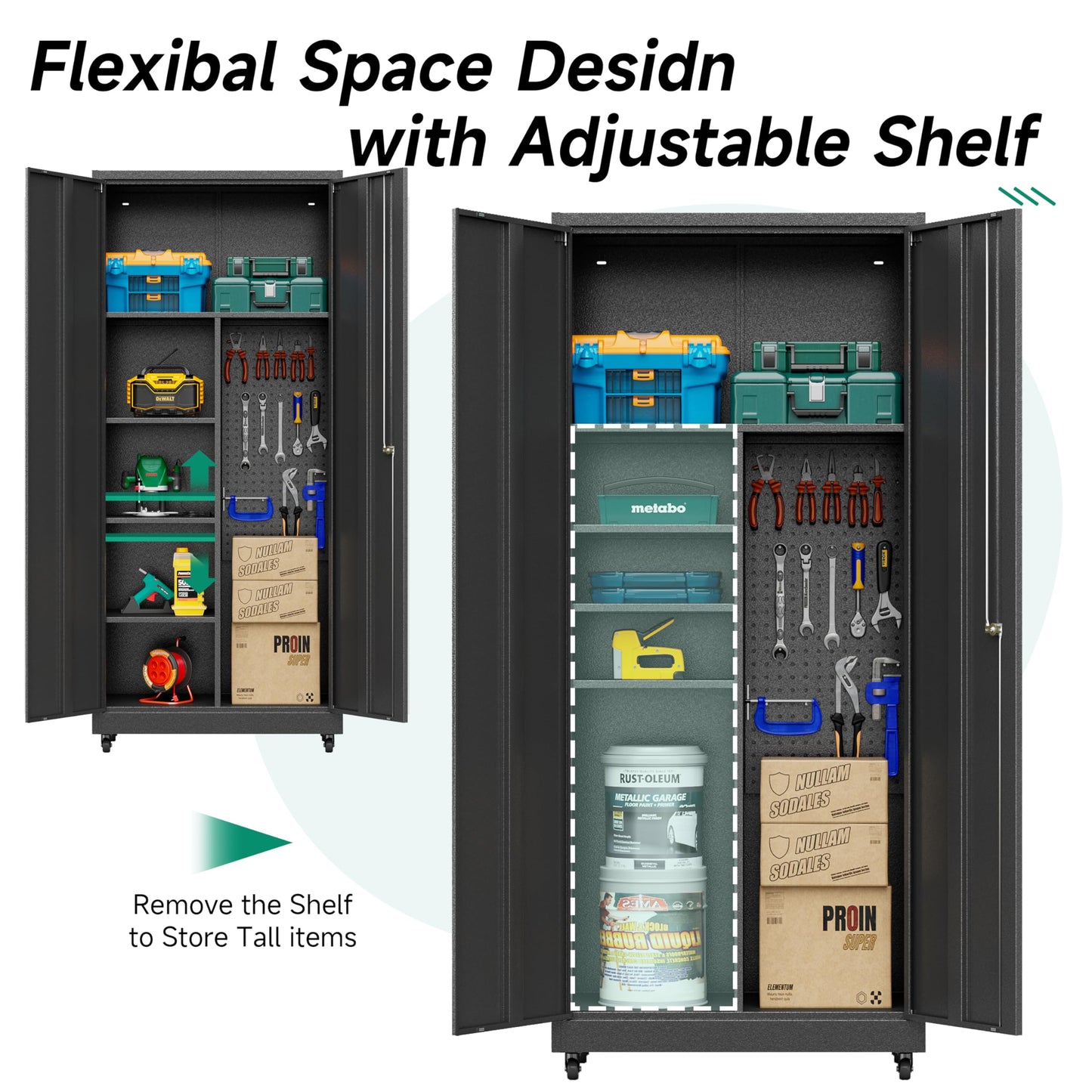 Metal Garage Storage Cabinet with Wheels,Rolling Tool Storage Cabinet with Lock,Steel Locking Cabinet with Locking Doors and Adjustable Shelves,Tall Storage Cabinet for Office Home,Garage,Sho - WoodArtSupply