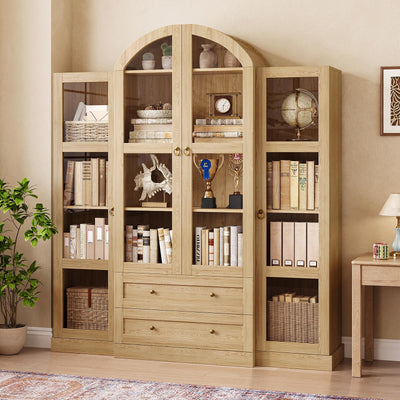 UKAOCAI 72.4" Tall Farmhouse Display Cabinet with Glass Doors,Large Wood Bookshelf with 2 Drawers & Adjustable Shelves,Arched Kitchen Pantry,for Living Room, Dining Room, Kitchen