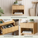 EYYTHUNG Floating Nightstand with Drawer, Modern Small Night Stand with Fluted Door and Open Storage Shelf Wall Mounted Bedside Table for Bedroom, Entryway Natural Oak EYYTHUNG