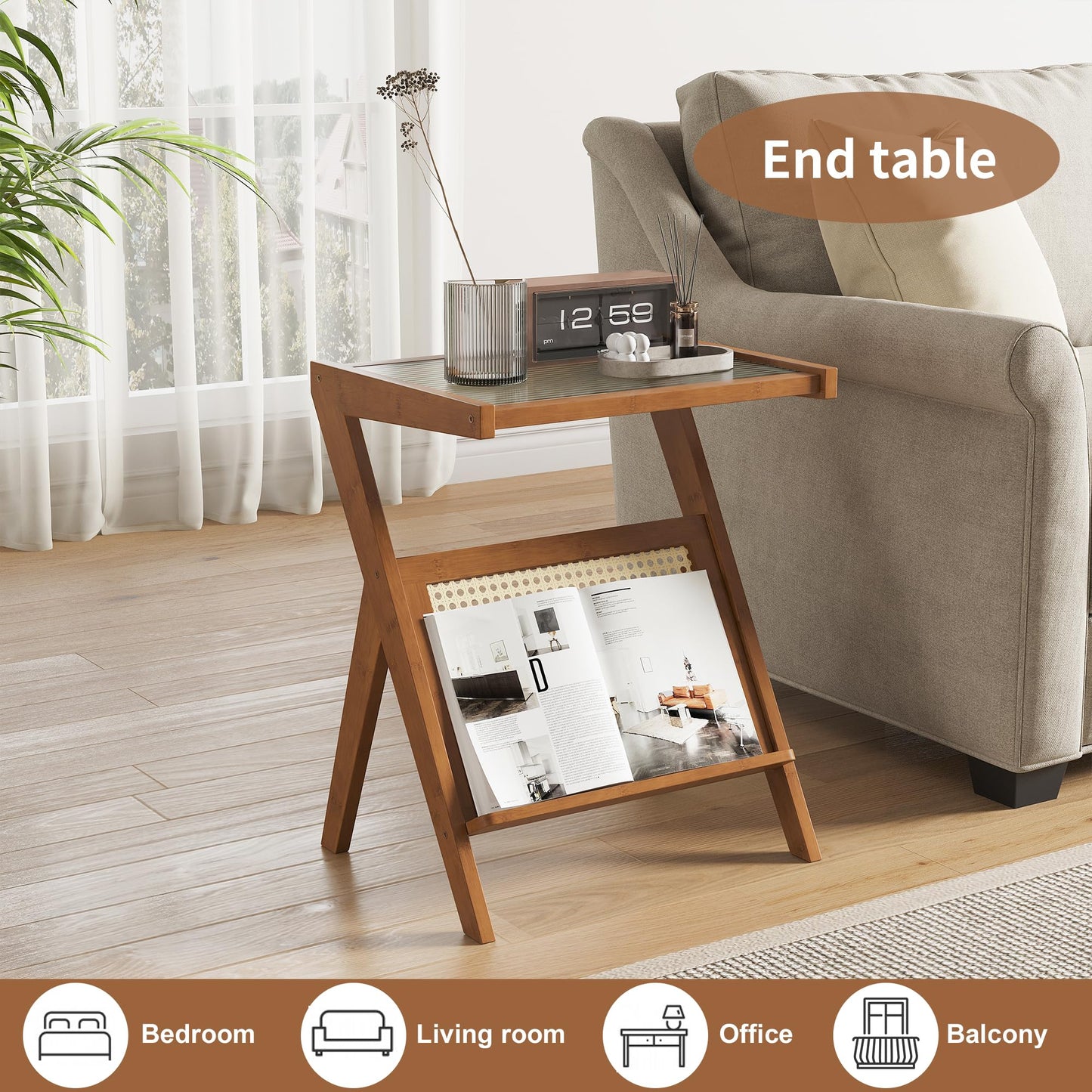 FILWH Bedside Table Side Table End Table Glass Small Table Bamboo Faux Rattan Computer Desk Bedroom Coffee Table with Storage for Study Living Room Bedroom Outdoor (Small 17.7")