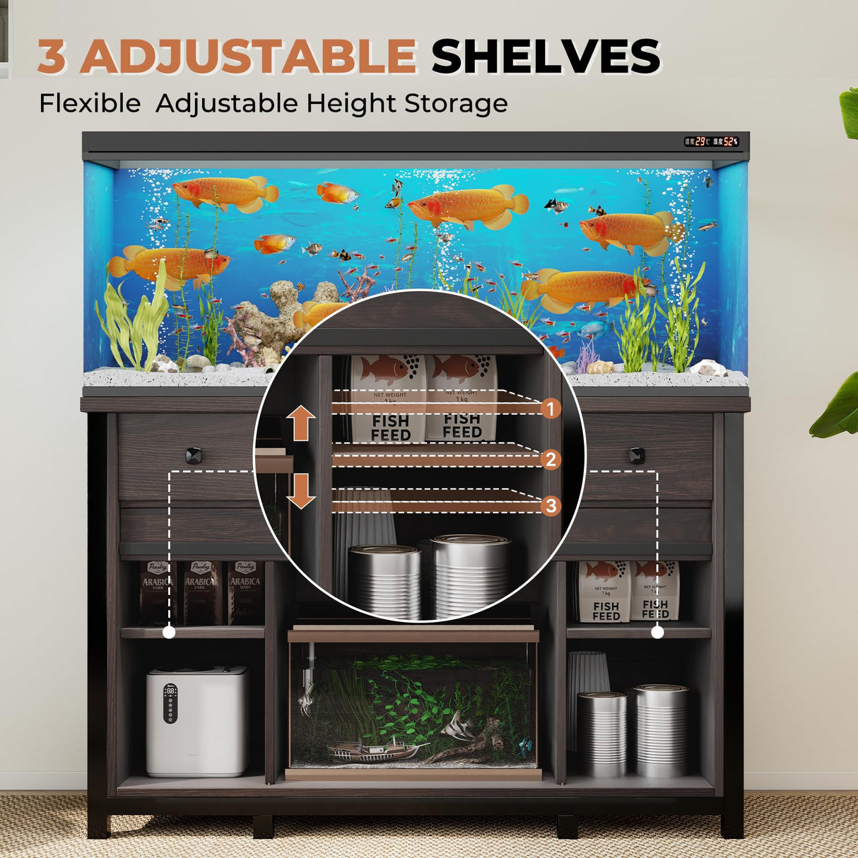 Miereirl 55-75 Gallon Fish Tank Stand with Power Outlet – Heavy Duty Aquarium Stand, Rustic Farmhouse Style, 800 lb Capacity, Adjustable Storage & Sliding Barn Doors, Dark Brown Miereirl