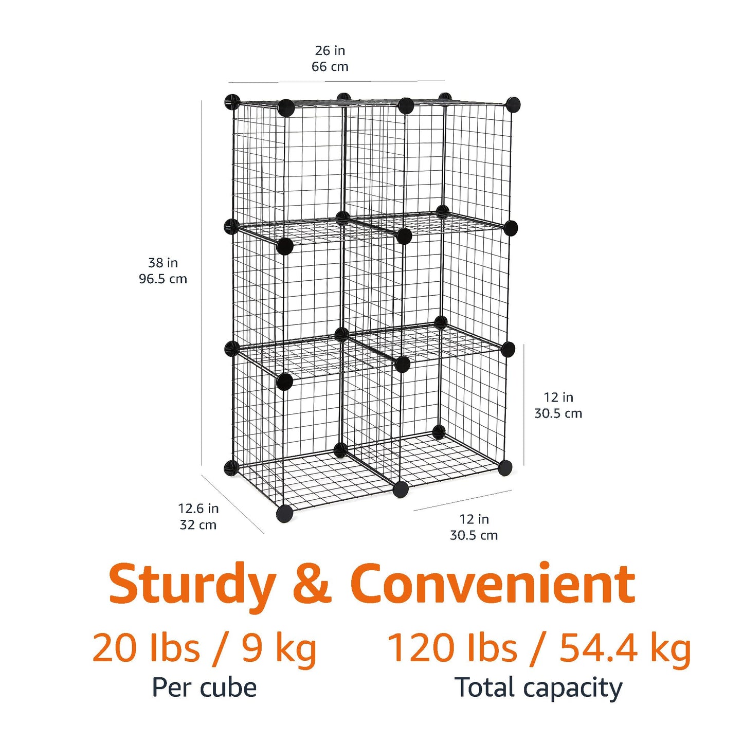 Amazon Basics 6-Cube Wire Grid Stackable Storage Shelves, 12 x 12-Inches, Black, 12.6"D x 26"W x 38"H