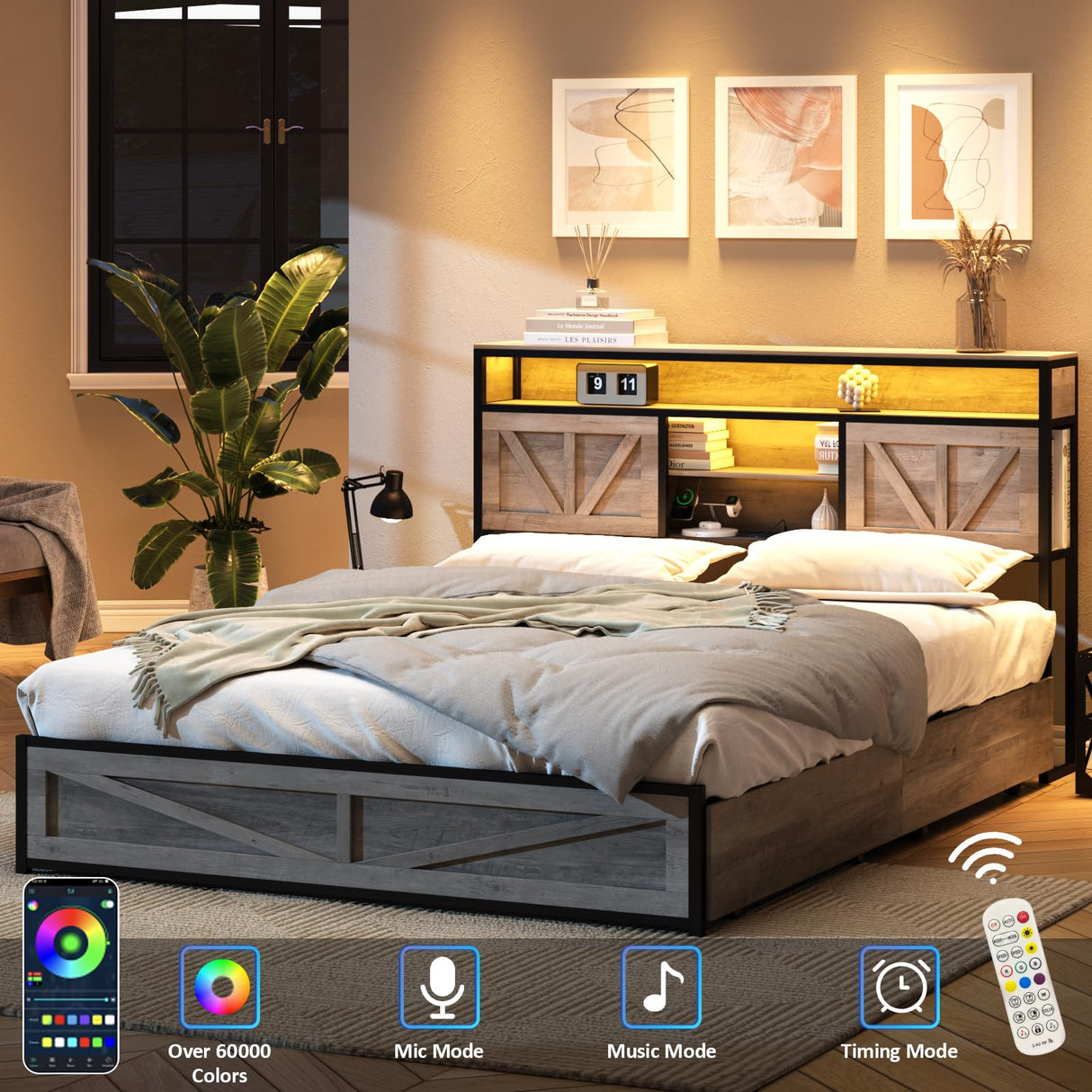 Halitaa Full Size Bed Frame with Charging Station, Full Bed Frame with 4 Drawers LED Light, Farmhouse Platform Bed with Headboard Storage 3 Layer Shelves, Wash Grey Halitaa