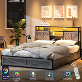 Halitaa Full Size Bed Frame with Charging Station, Full Bed Frame with 4 Drawers LED Light, Farmhouse Platform Bed with Headboard Storage 3 Layer Shelves, Wash Grey Halitaa