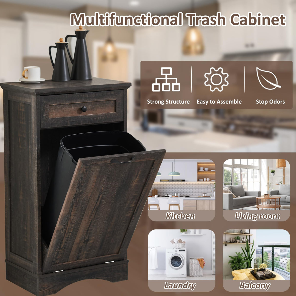 OUTGUAVA 13 Gallons Tilt Out Trash Cabinet Freestanding Kitchen Trash Bin Cabinet Wood Garbage Recycling Cabinet with Hideaway Drawer Pet Proof Trash Can Holder for Kitchen Living Room, Rustic Brown OUTGUAVA