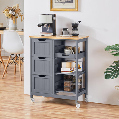 Yaheetech Kitchen Island Cart on Wheels with Storage, Rolling Bar Cart with Solid Wood Top and 3 Drawers, 3 Removable Shelves, Serving Utility Carts for Dining Room/Small Kitchen, Dark Gray - WoodArtSupply