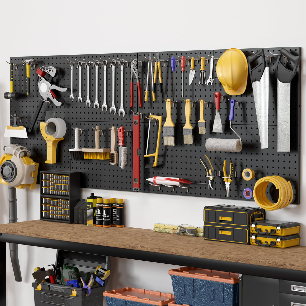 7S garage 4 Pack Metal Pegboard Panels with 50 Hooks, Black Pegboard Wall Organizer, Pegboard Accessories, Heavy Duty Garage Tool Storage System for Workbench, Workshop, Office, Craft Room 7S garage