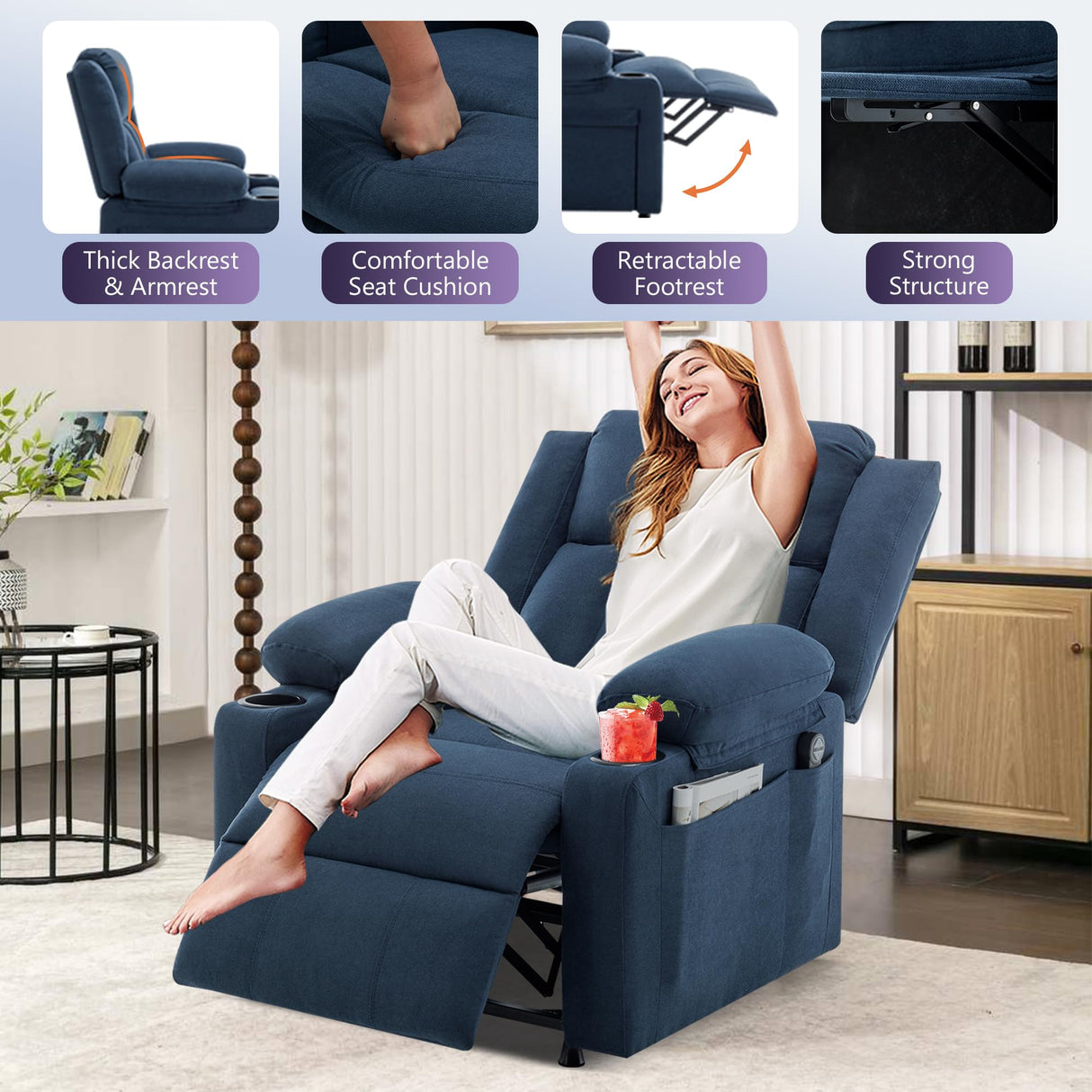Apeaka Power Recliner Chair for Adults Single Sofa Recliner with Massage and Heat for Living Room Bedroom Upholstered Accent Reclining Armchair Blue Apeaka